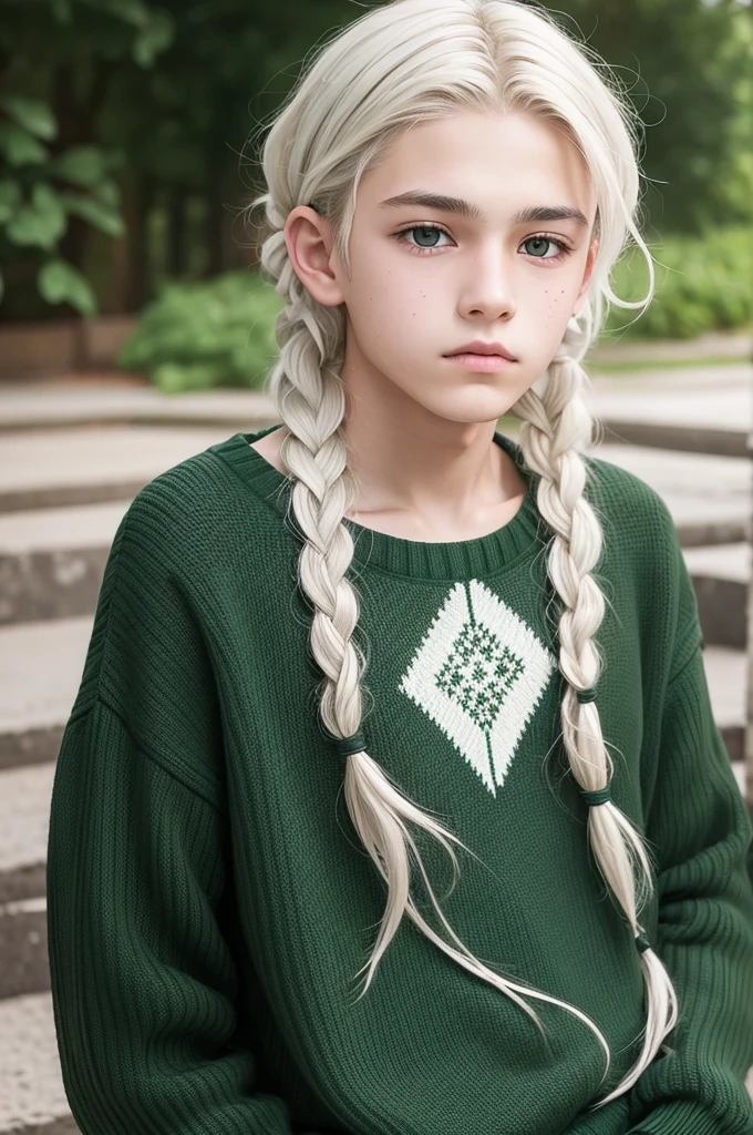 make a picture of a teenage boy,half serious braided white hair, wearing a dark green sweater,and 2 small x under the cheek