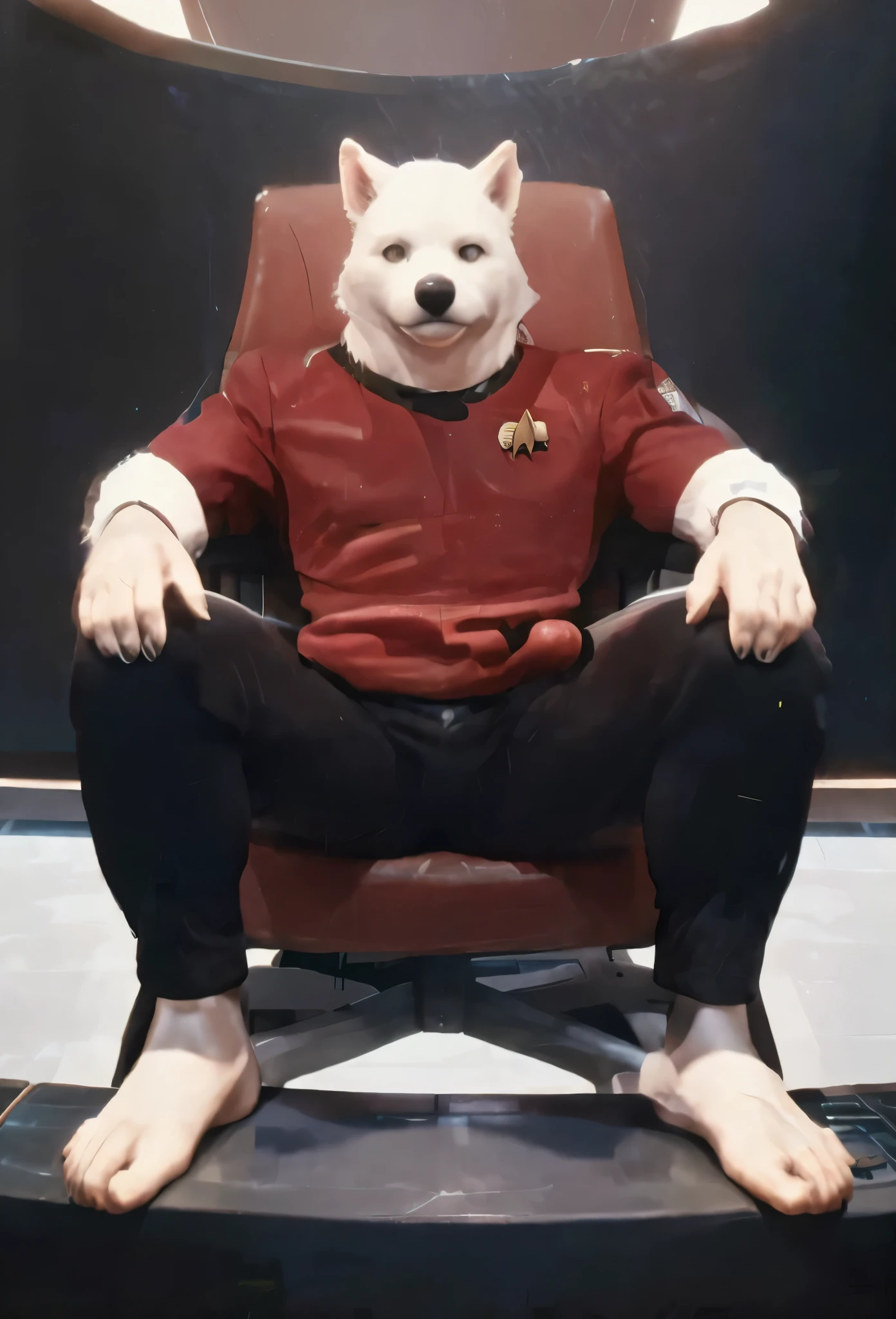 (((Barefoot furry character, full body, cinematic setting, furry male, plantigrade)))
(((Bolt))) (anthro dog with white fur, very cute and young looking face, big black snout), exudes confidence and authority as he sits in the captain's chair, and his (((Star Trek uniform))) with the Starfleet Delta badge on his chest is a perfect match for his muscular figure. Handsome clawed feet paws dominate the bridge of the star ship and its crew. ((Bridge of Star Trek starship with many screens and consoles as background)), futuristic look, metalic. anatomically correct, Long black pants, red shirt of security officer. (((twokunf uniform)))
BREAK, intricate details, highly detailed, extreme detail, octane render, fine art, best quality, highres, (detailed face:1.5), ((full_body)), UHD, (((perfect hands))), low light