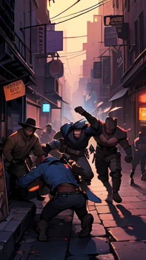 on a night in a large metropolis, a fight between five men in the dark streets comic book illustration