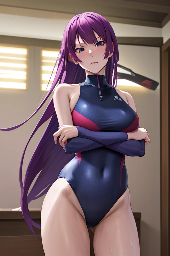 masterpiece, Best Quality, High resolution, S1, Senjougahara Hitagi, Long Hair, Long sleeve, Atal,((( High neck swimsuit))),Thighs , Cowboy Shot, Crossed arms,　Spread your legs　Ahegao　Inviting ejaculation　Bitch　Close-up