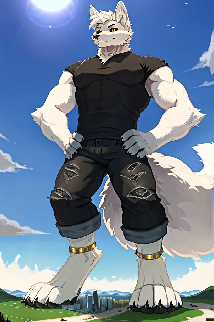 birds-eye view, macro furry,anthro, arctic fox, fox ears,fox tail, nine tails, kitsune, white fur, short wavy white hair, black sclera, gold pupil, pawpads, black pawpads, tall, handsome, sexy, slim, twink, femboy, standing over a tiny continent on earth, looking down at ground, hands on hips, wearing black cropped shirt, black rolled up ripped denim jeans, anklets,
sunny day, giant attacking tiny continent, giga-sized character, size difference, macro, macro furry, digitigrade, digitigrade stance,