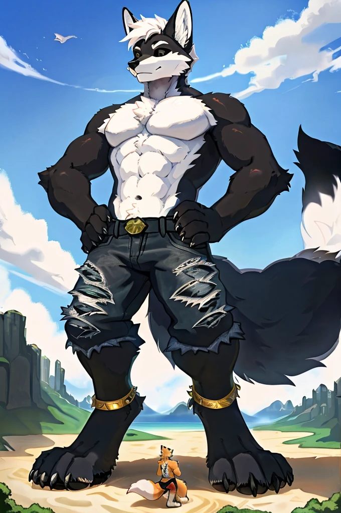 birds-eye view, macro furry,anthro, arctic fox, fox ears,fox tail, nine tails, kitsune, white fur, short wavy white hair, black sclera, gold pupil, pawpads, black pawpads, tall, handsome, sexy, slim, twink, femboy, standing over a tiny continent on earth, looking down at ground, hands on hips, wearing black cropped shirt, black rolled up ripped denim jeans, anklets,
sunny day, giant attacking tiny continent, giga-sized character, size difference, macro, macro furry, digitigrade, digitigrade stance,