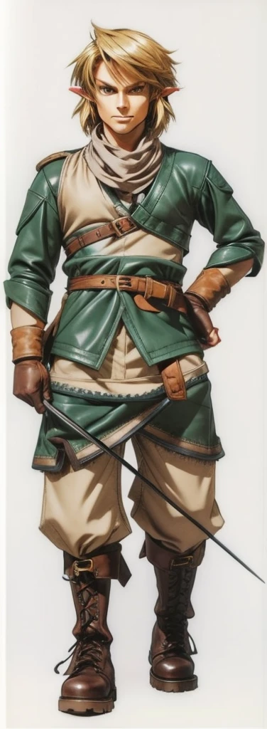 (Link:1)(Warrior:1), (adult man:1.33), standing, full body, leather combat boots, beige pants, gloves , (narrow eyebrows:0.33), (confident:1.4), (smiling:0.4), (clenching fists:0.33), scarf, holding riding crop,male,confident,strong,tall, from_below, dominant,bdsm,evil,staring