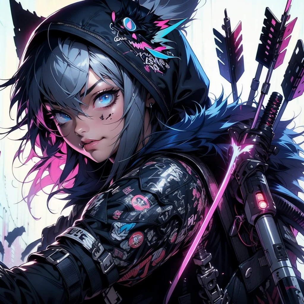 Ultra HD, anime realistic. Badass South Asian  girl with short, windblown black hair and piercing electric blue eyes. Smirking confidently, she leans against a graffiti-covered wall in a neon-lit cyberpunk alleyway. Clad in a black tactical outfit with exposed arm guards, she grips a glowing katana at her side.