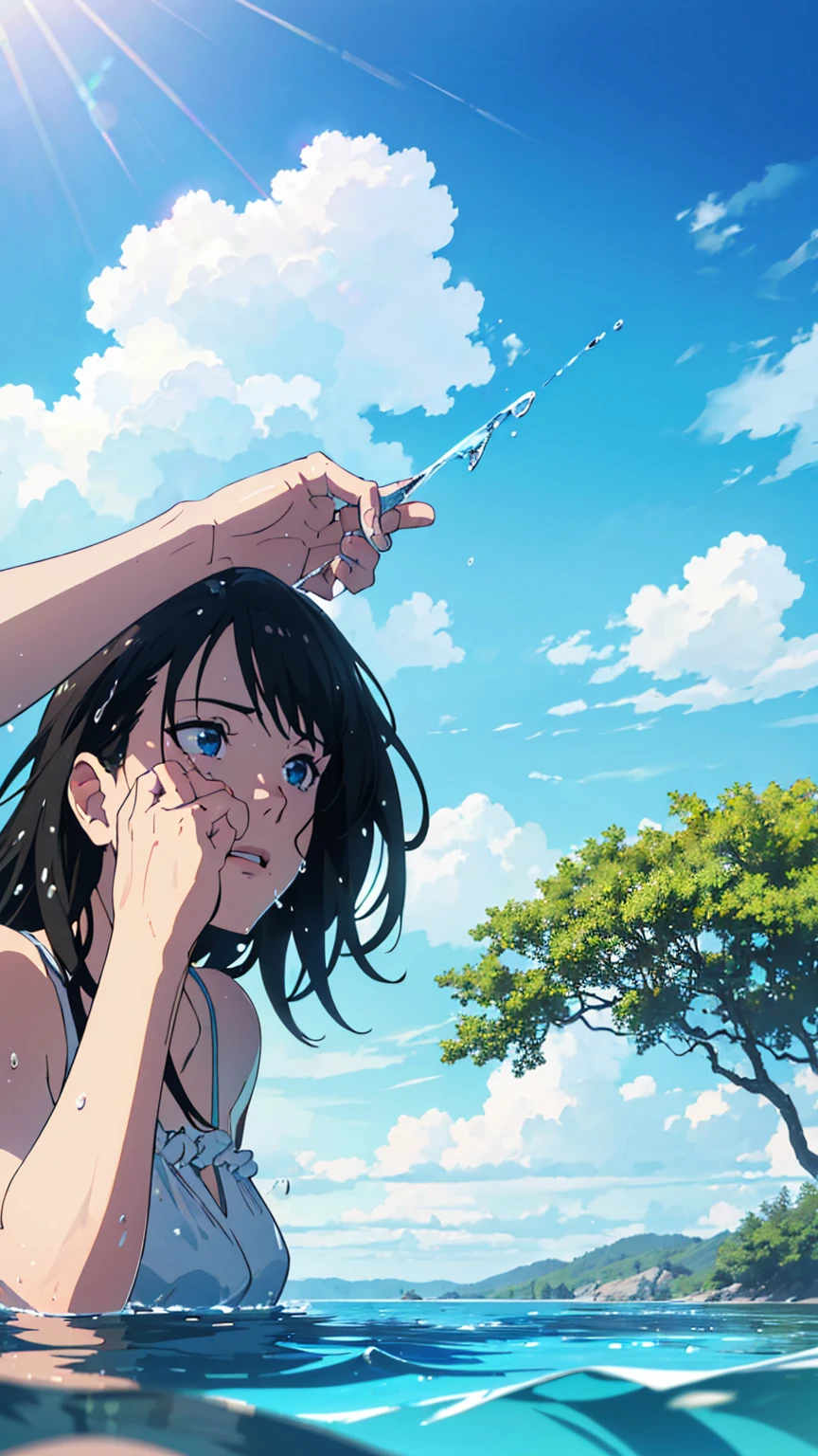 water, wet, splashing, liquid, sunny, day, blue sky, clouds, nature, natural setting, (character focus:1.1), sharp focus, realistic, highly detailed, ultra detailed, best quality, highest quality, realistic lighting, hyperdetailed, hyperrealism, greg rutkowski