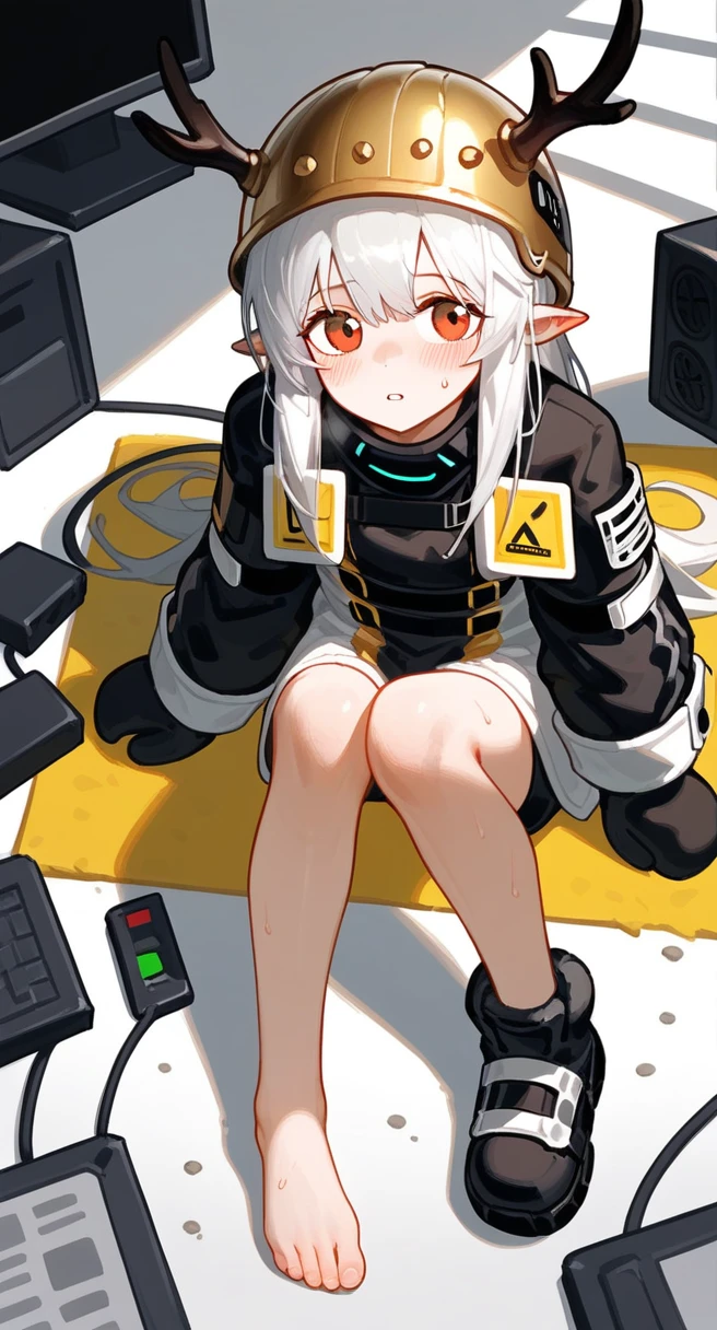 punctuation_9,punctuation_8_High above,punctuation_7_High above,1 girl,muddy stone (arknights),grimy,feet,mitts,helmet,antlers,flooras,Eyes red,Bare feet,pointy ears,breastsout,standing alone,long hair,White hair,black mitts,Toes,helmet de segurança,foco nos feet,gazing at viewer,sitting down,sweat,parted lips,grimy feet,containment,plein-air,sky,bangss,oripathy lesion (arknights),giorno,ssmile,blush,demon antlers,infection monitor (arknights),foreshortening,floor, stinky