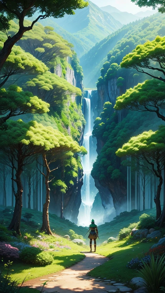 Magic warrior, magic user, emerald forest, wide view, view of the scenery