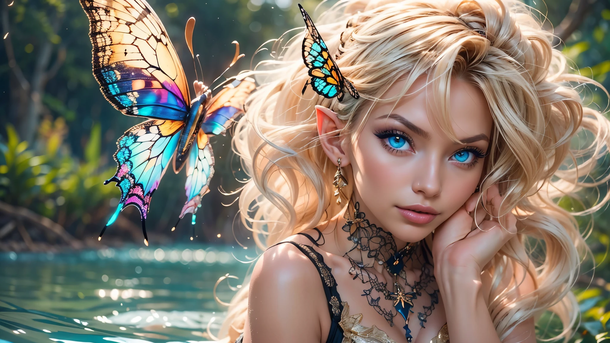 Beautiful, Amazing face and eyes, makeup, (extremely detailed beautiful face), Blonde, (sexiest look), (Beautiful breasts:1.3), (Best Quality:1.4), (Ultra-detailed), (extremely detailed CG unified 8k wallpaper), Highly detailed, RAW Photos, Professional Photography, (silk see through lace:1.3), full body, sitting, (Spread your legs), (:1.4), plein air, Illumination, (Super fancy photos:1.4), (Dazzling light), Radiant Photography, depth of fields, (Glowing blue eyes), (realistic elf ear), (castle, fantasy setting), ((orbs)), massive butterfly wings,