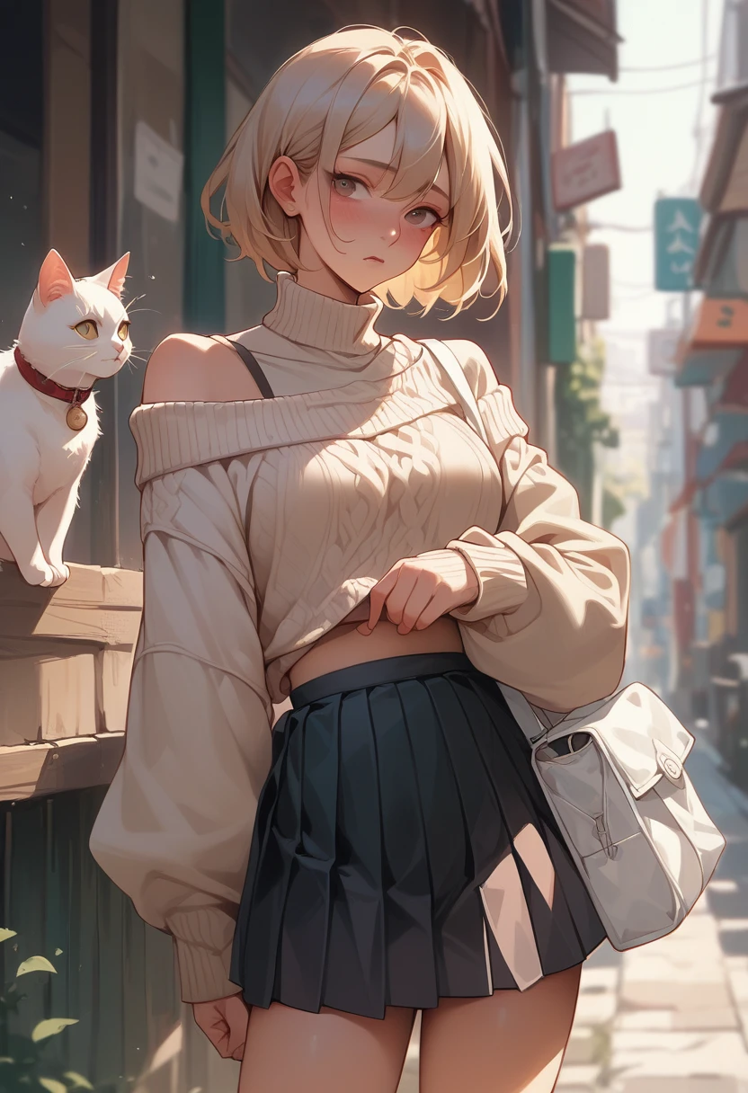 ８K、Very detailed、Wear an off-the-shoulder beige cropped sweater、Wear a white box pleated skirt、Wear white short boots、Stroking the cat、terrace、woman、Medium chest