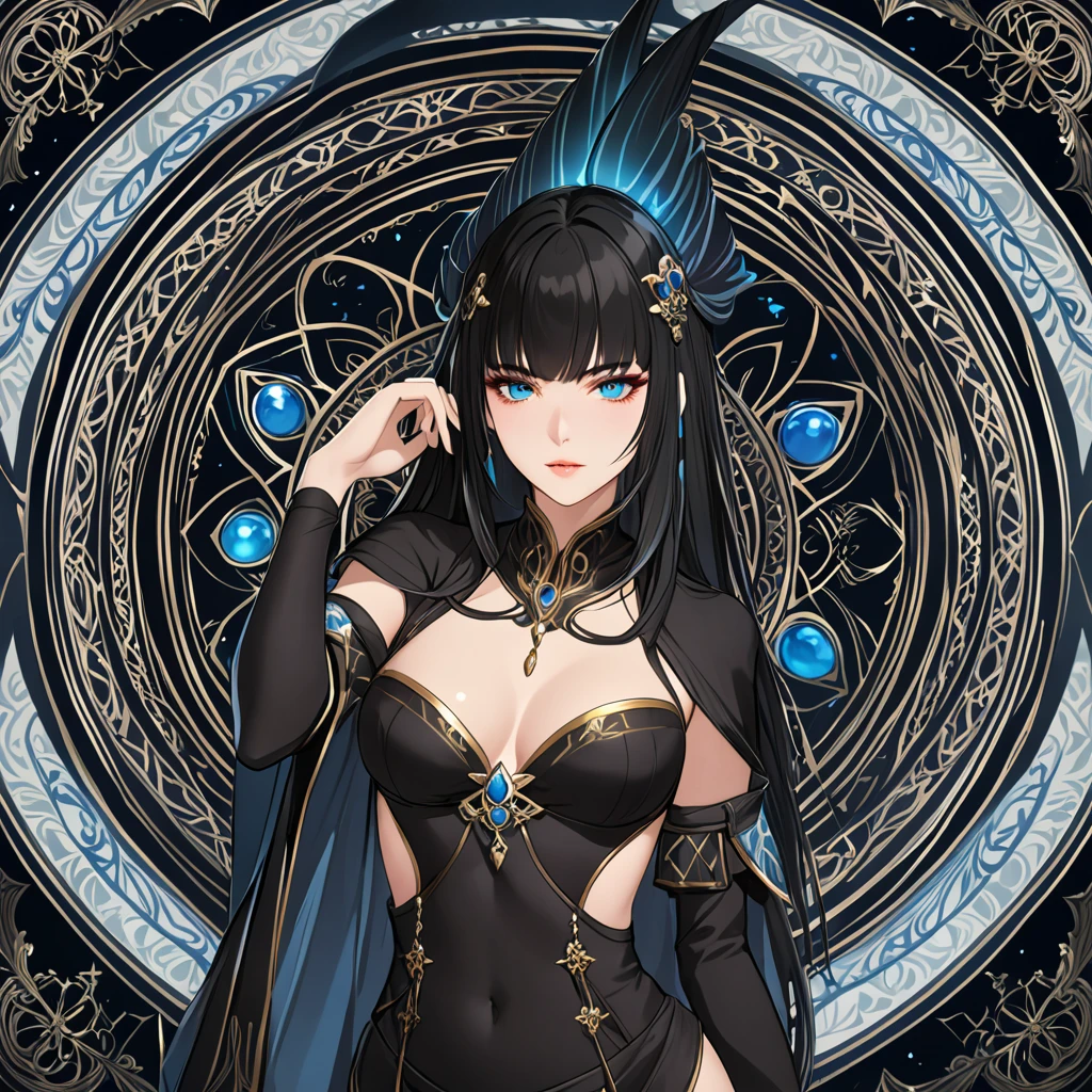 masterpiece, best quality, 1woman adult, female focus, solo, black hair, vibrant blue eyes, long hair, looking at viewer, closed mouth, bangs, Fantasy aesthetics, Highly detailed, shadowverse style, black attire, sorceress
