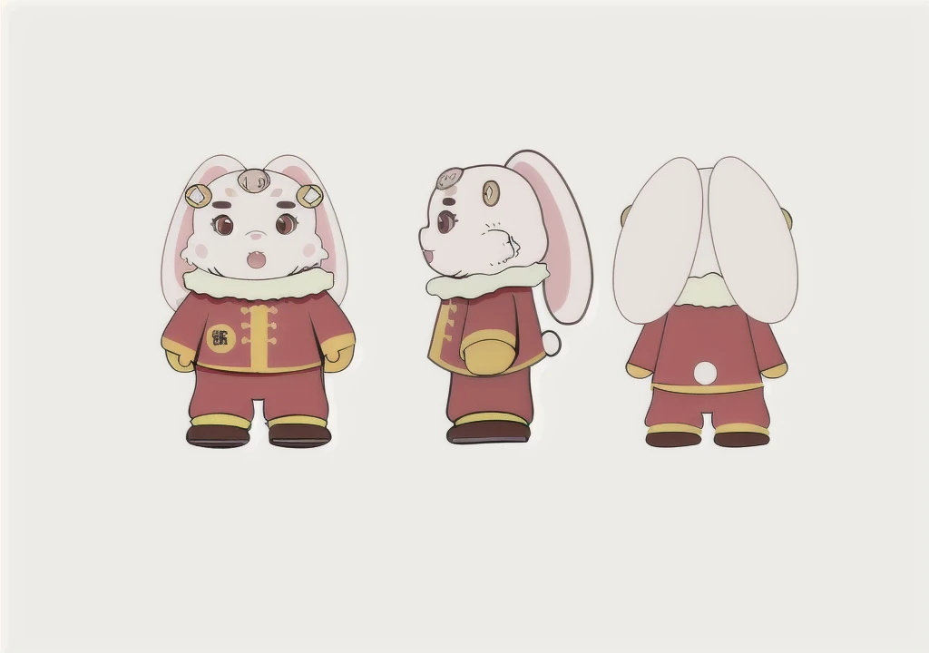 A cute white rabbit，Wearing red Chinese chef clothes，Measurements Modeling，Three View，Respectively, the positive side，side，back，Coordination of the five senses，No variety，3D Effect，Terracotta material，The head and body are made of two strings of copper coins