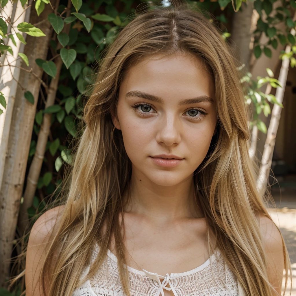 A photorealistic portrait with a front angle of a 21-year-old french girl with long, blonde hair and brown eyes and a neutral face. She should be illuminated by sunlight from the front. The background should be a scenic outdoor setting, perhaps a sunlit park or beach. Capture this image with a high-resolution photograph using an 85mm lens for a flattering perspective.