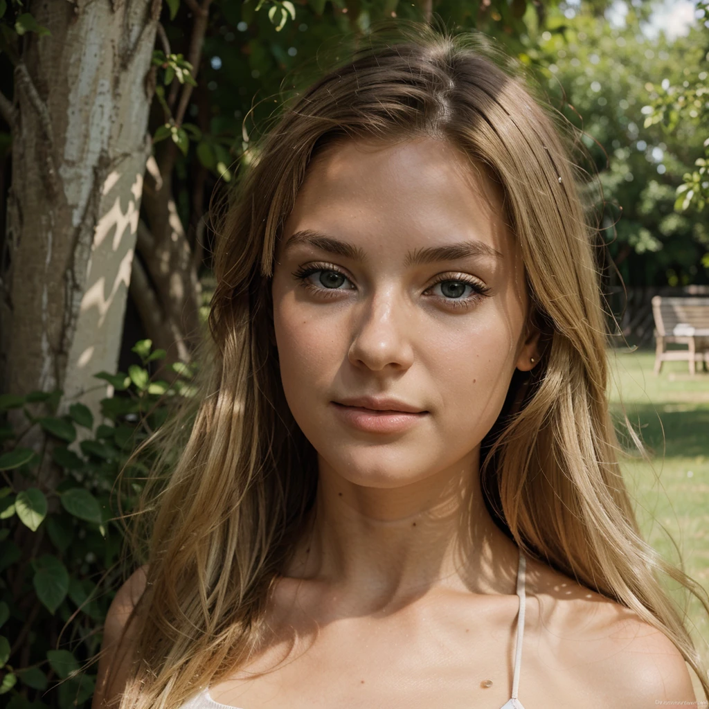 A photorealistic portrait with a front angle of a 21-year-old french girl with long, blonde hair and brown eyes and a neutral face. She should be illuminated by sunlight from the front. The background should be a scenic outdoor setting, perhaps a sunlit park or beach. Capture this image with a high-resolution photograph using an 85mm lens for a flattering perspective.