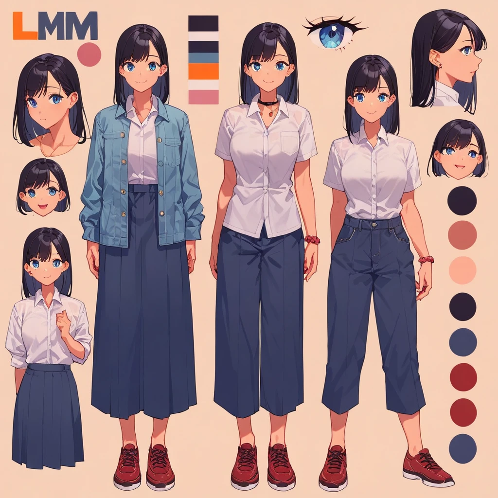 score_9, score_8_up, score_7_up, score_6_up, score_5_up, score_4_up, BREAK source_anime, 1girl, Medium length black hair, plum, Creative design, full body, Reference sheet, Character sheet