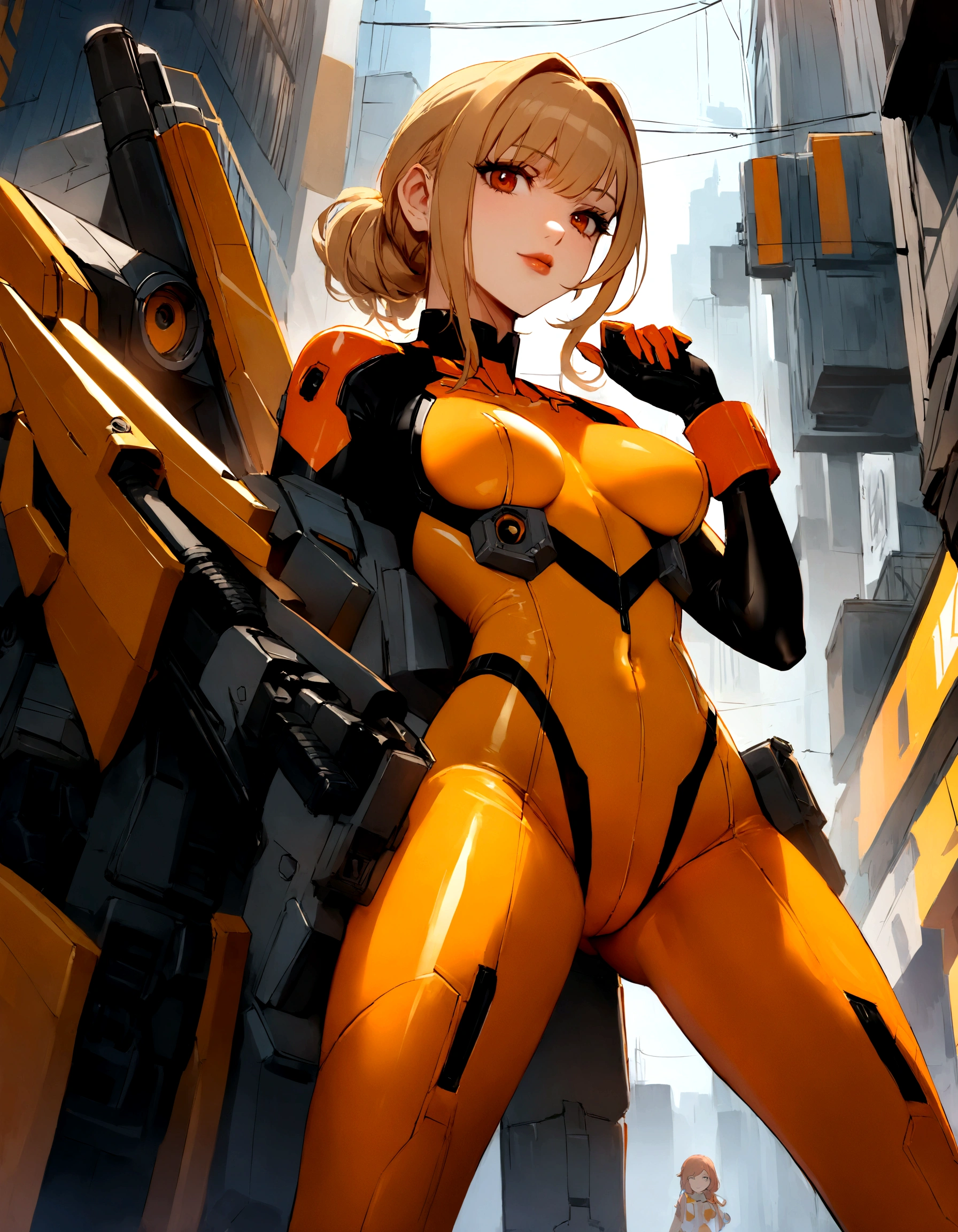 A beautiful young woman (Scarlett Johansson, age 25, Dressed appropriate to the scene) is a mecha pilot wearing an electronic sexy skinsuit, she is posing leaning against the leg of her large mecha (Labor unit, yellow and orange paint scheme, retractable tools), set in downtown future Tokyo