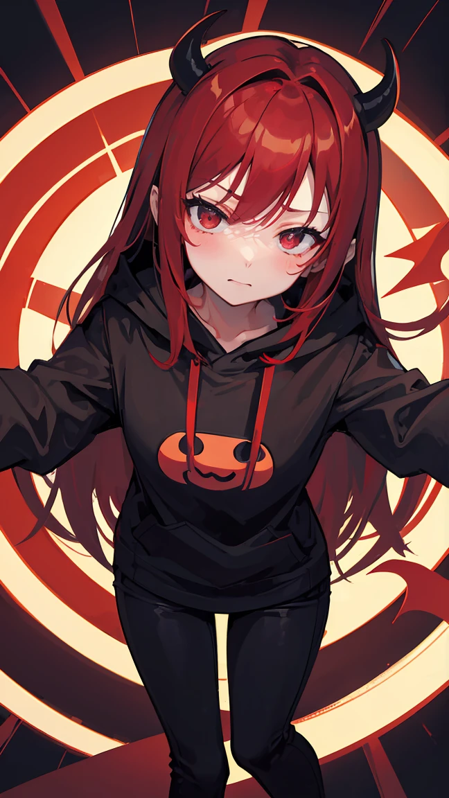 26 year old girl, pretty face, demonic face, black eyes and red lens, devil smiley face, red long hair, at night, wear a black hoodie and a skinny pant, have pretty beautiful legs, masterpiece, best quality, all body, 16k quality, no glitches on image, colorful art, deep shadow, super detail background and shadows.
