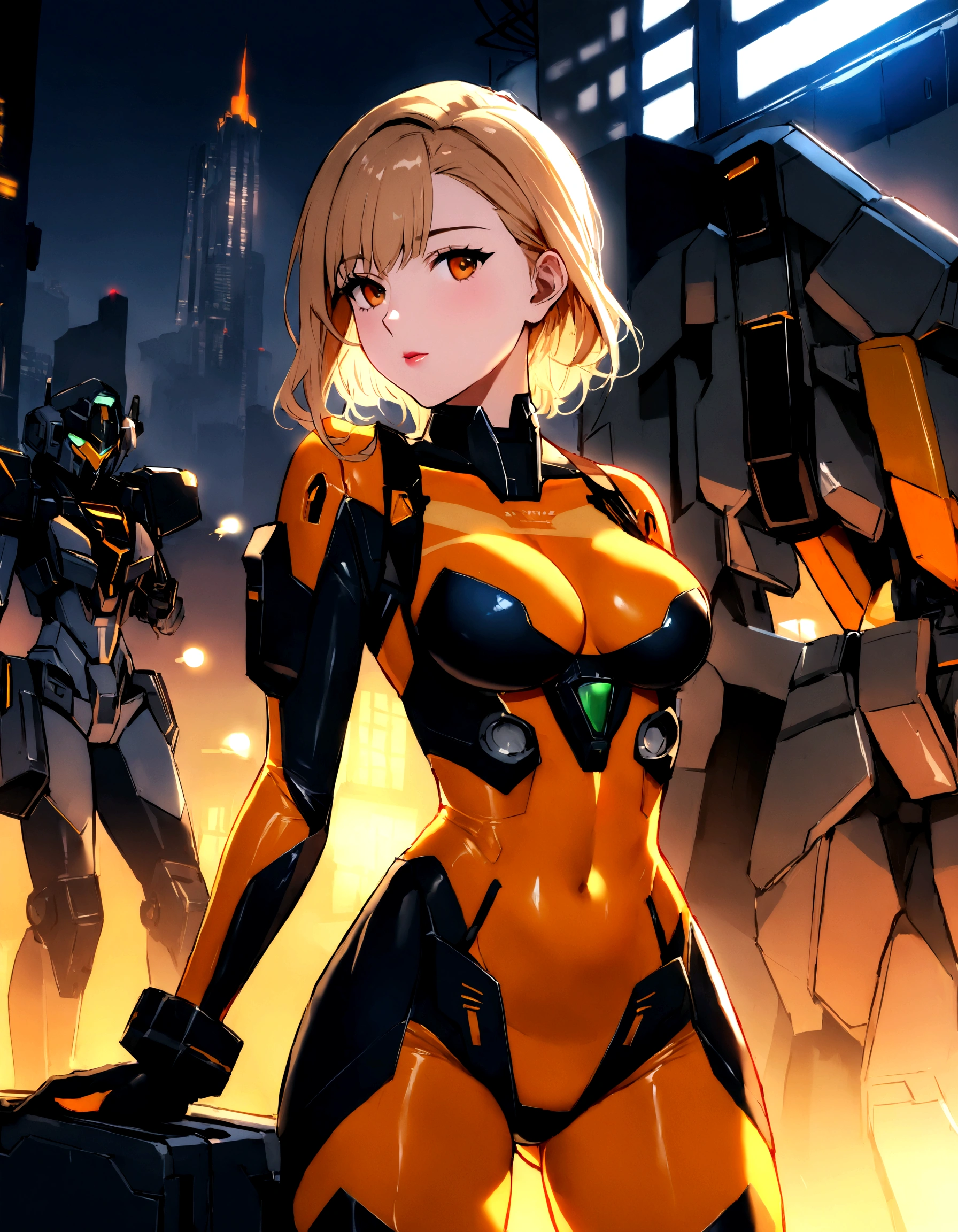 A beautiful young woman (Scarlett Johansson, age 25, Dressed appropriate to the scene) is a mecha pilot wearing an electronic sexy skinsuit, she is posing leaning against the leg of her large mecha (Labor unit, yellow and orange paint scheme, retractable tools), set in downtown future Tokyo