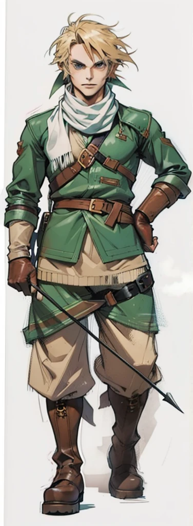 (Link:1)(Warrior:1), (adult man:1.33), standing, full body, leather combat boots, beige pants, gloves , (narrow eyebrows:0.33), (confident:1.4), (smiling:0.4), (clenching fists:0.33), scarf, holding riding crop,male,confident,strong,tall, from_below, dominant,bdsm,evil,staring
