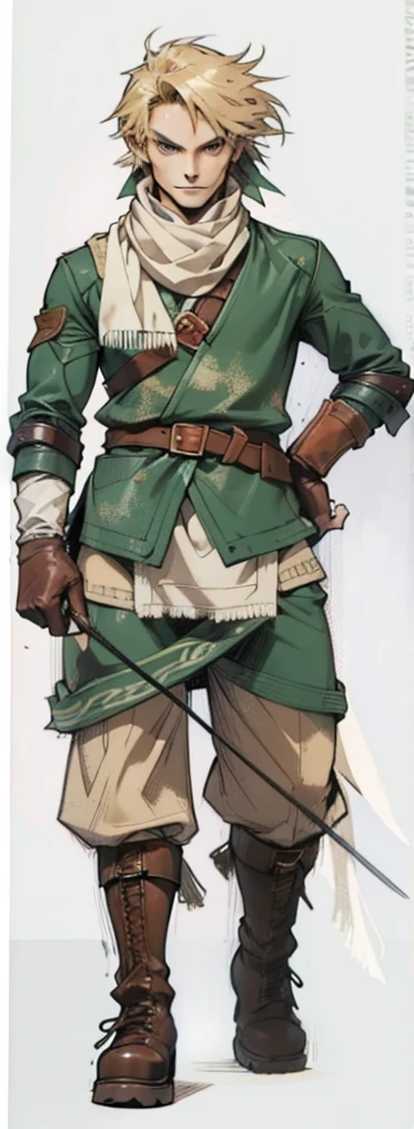 (Link:1)(Warrior:1), (adult man:1.33), standing, full body, leather combat boots, beige pants, gloves , (narrow eyebrows:0.33), (confident:1.4), (smiling:0.4), (clenching fists:0.33), scarf, holding riding crop,male,confident,strong,tall, from_below, dominant,bdsm,evil,staring
