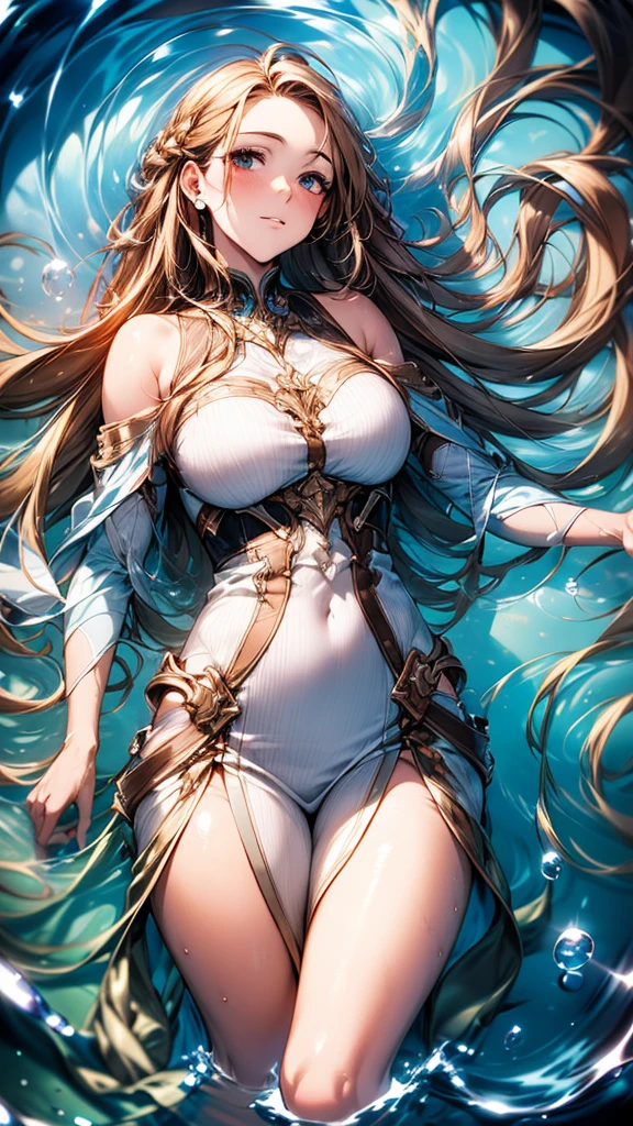 ((Highest quality)), ((High resolution)), ((masterpiece)), (detailed), (From above:1.3),
View your audience, Cowboy Shot, Written boundary depth, Anatomically correct, １people, female, Perfect Face, Cute and symmetrical face, Shiny skin,
(Long Hair, Radiating hair),
((Lying on the water)),
(Beautiful views),