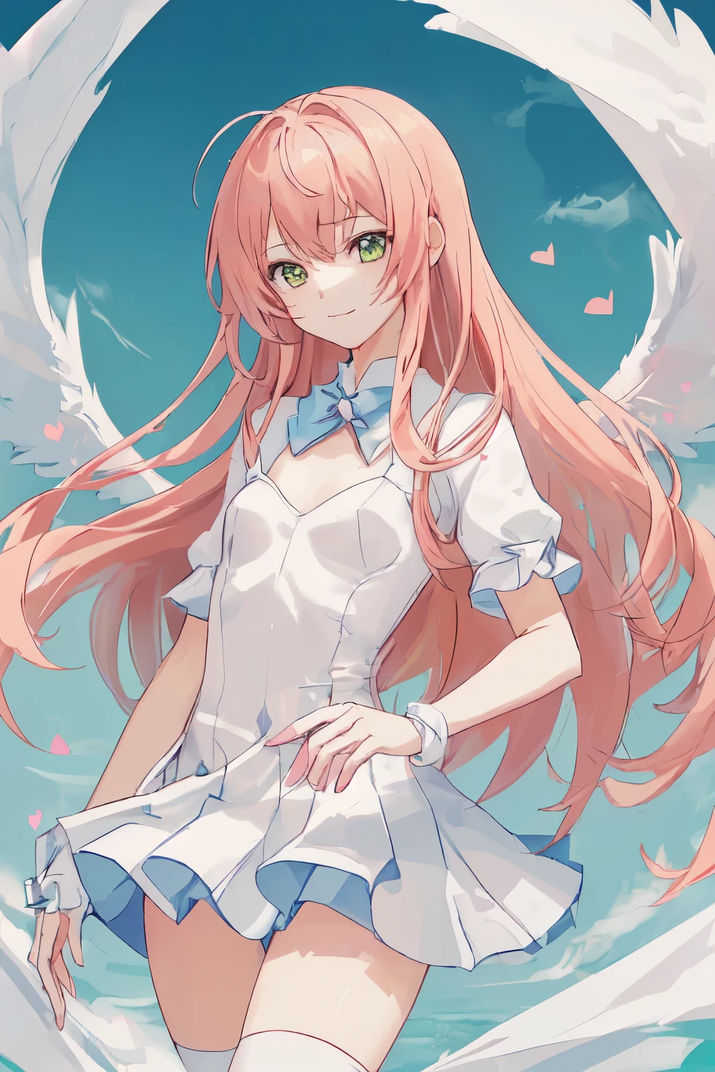 1_girl, (anime, kawai:2), (masterpeice, best_quality, clean:1.5), (sky_background:1.2), (cute, cute_smile, young:1.5), (delicate, extremely_delicate, beautiful, thin:1.5), (girlfriend, angel:1.8), (green_eyes, simple_eyes:1.8) (long_hair, blond_hair, wearing_pink_dress, pink_angel_wings, sexy_gloves:1.5), extremely_delicate, (love_magic:1.5), (age_size_fits_body), (small_thighs:1.3), (breasts), (eye_level:1.3), (heart_magic, love:1.5), (folded_legs:1.5), (combat:1.5)