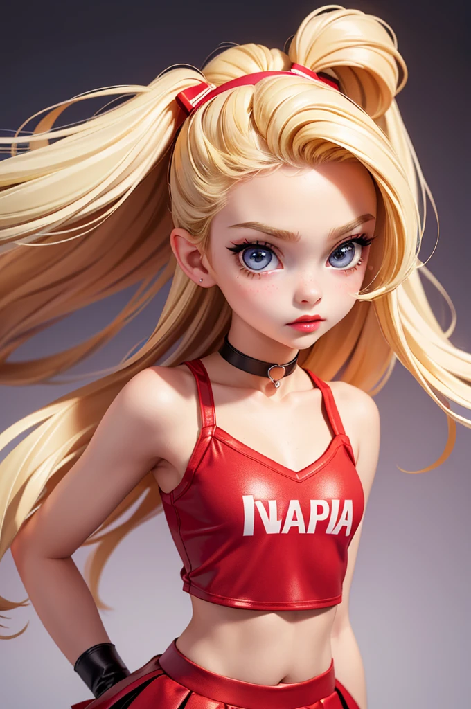 hyperrealistic 14 year old american , blonde, little, perfect tiny body, sexy, dark makeup, small choker, perfect slim face, big red lips, very cute face, tiny body, big eyes, young looking, childish looking, cheerleader outfit