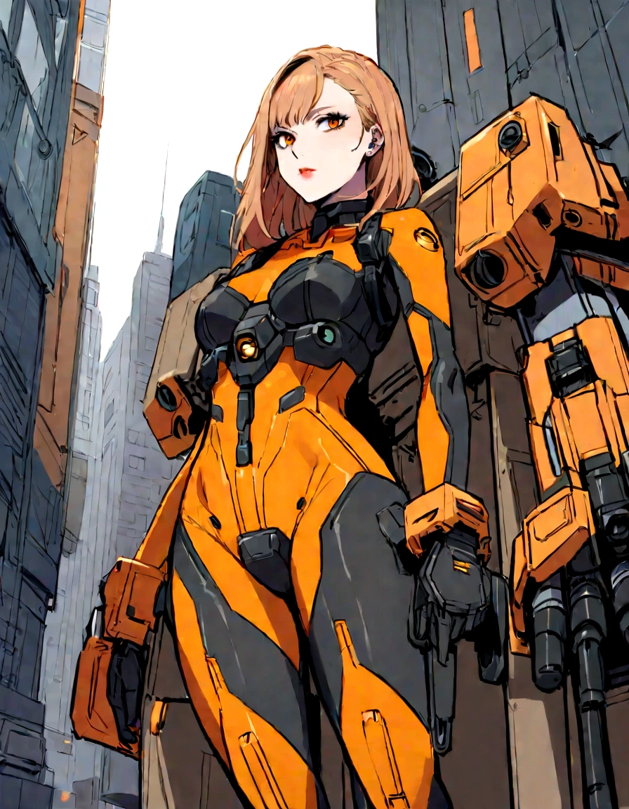 A beautiful young woman (Scarlett Johansson, age 25, Dressed appropriate to the scene) is a mecha pilot wearing an electronic sexy skinsuit, she is posing leaning against the leg of her large mecha (Labor unit, yellow and orange paint scheme, retractable tools), set in downtown future Tokyo