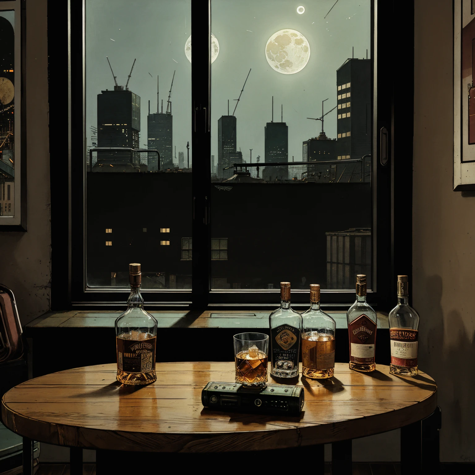 (masterpiece), (cyberpunk living room), (indoor), (window), (moon), (cyberpunk city), (realistic illustration), (cinematic), (looking out the window), (single liquor bottle), (single whiskey glass on table), (a 90s stereo)