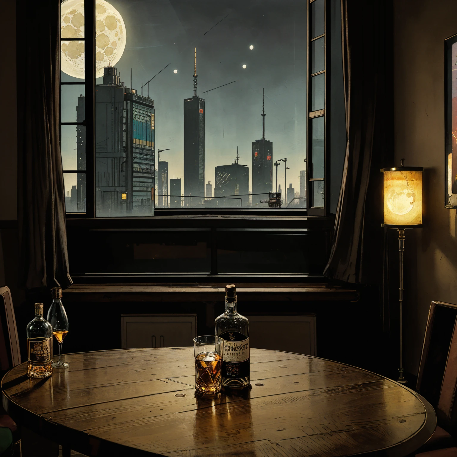 (masterpiece), (cyberpunk living room), (indoor), (window), (moon), (cyberpunk city), (realistic illustration), (cinematic), (looking out the window), (single liquor bottle), (single whiskey glass on table), (a 90s stereo)