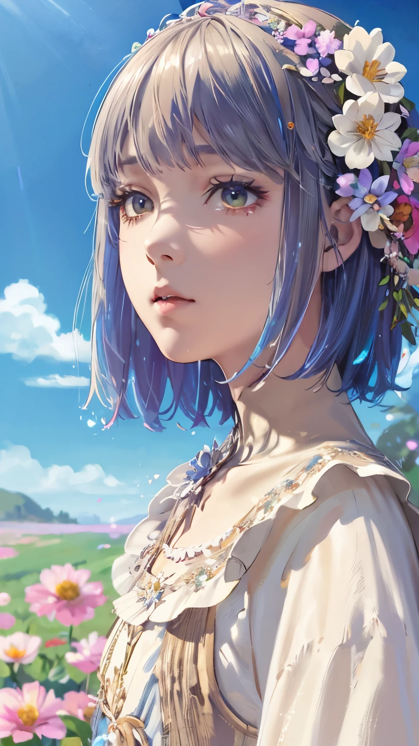 Front Focus, Rainbow paint splashes、A woman wearing a natural cotton dress, ファンタジーart, Photographic realism, Soft Lighting, art, Poster, Shining Lights, Highly detailed face, 4K, Artistic design、Flower Hair Ornaments、Cel drawing 2D illustration style、Bob Short Hair, Beige hair、The background is blue sky, 