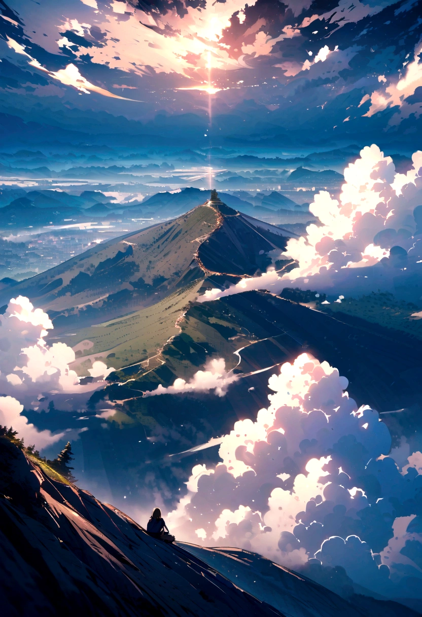 Vast views、Earth、top of the hill、Sitting 、Blue sky、Flowing Clouds、Spectacular views