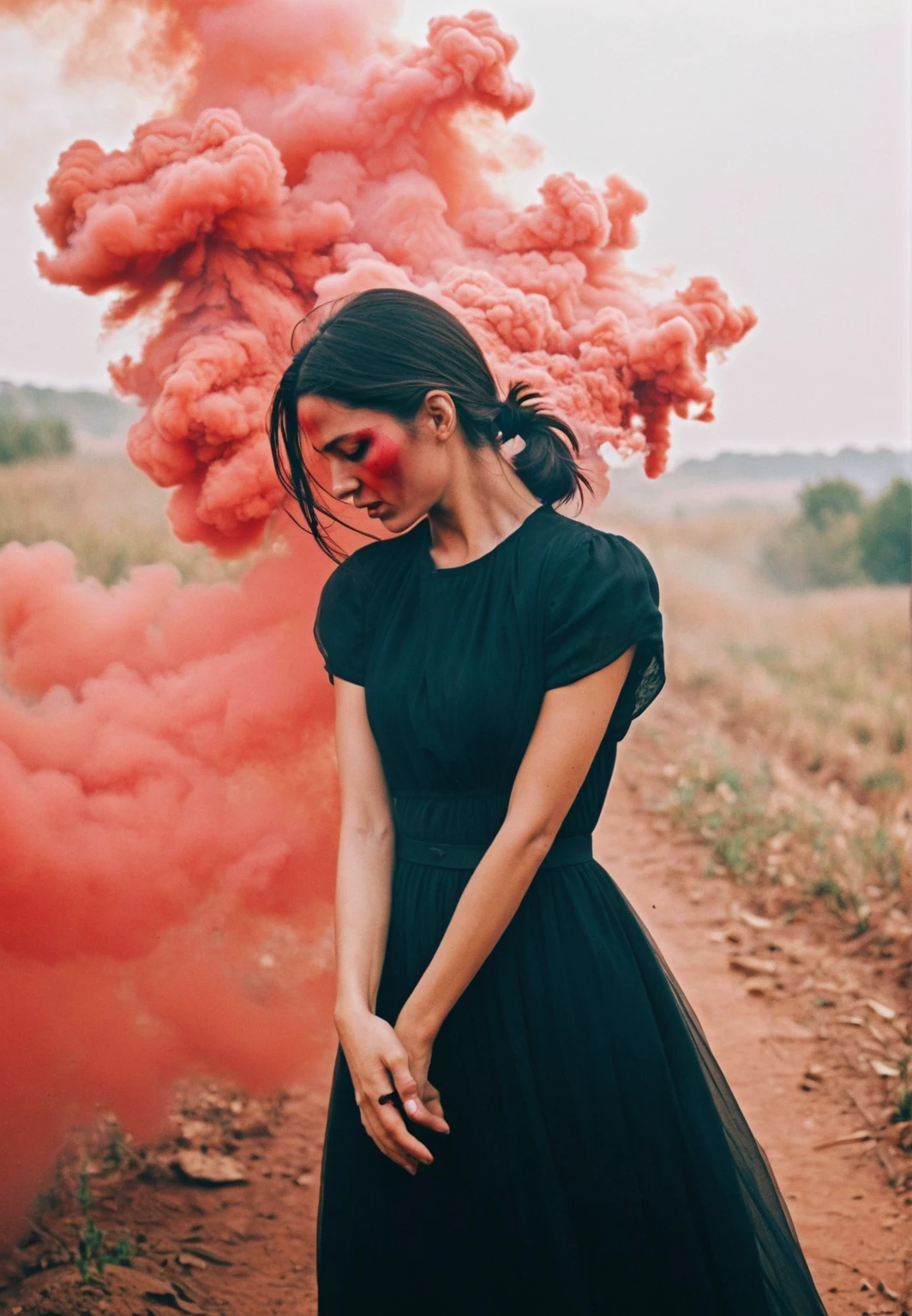 arafed woman touching her head with both hands, headache,araffe woman in black dress standing in a field of red smoke, thick dust and red tones, red smoke, with smoke, red mist, pink smoke, red fog on the ground, red fog, smoke grenades, red - toned mist, smoke grenade, by Julia Pishtar, red mood in background, in front of smoke behind