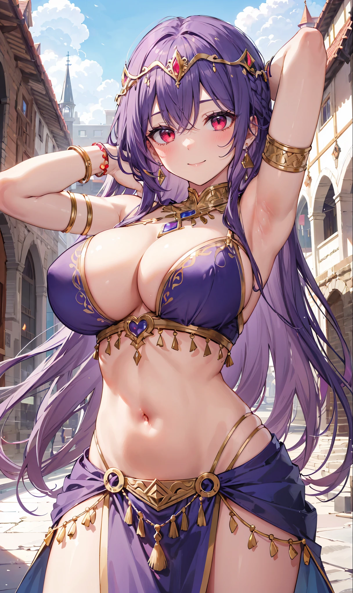 high quality, ultra detailed, best quality, insanely detailed, beautiful, masterpiece, 1girl, medieval plaza, cowboy shot, red eyes, long hair, purple hair, belly dancer, circlet, earrings, armlets, bracelets, bashful smile, large breasts, cleavage, soft stomach