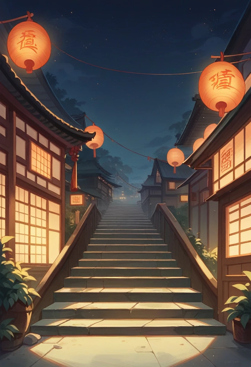 Dojo with long stairs and even a car parked outside, at night