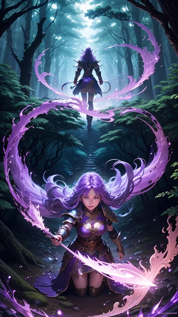 Magical warrior, spell user in the Amethyst forest, wide view, view of the scenery