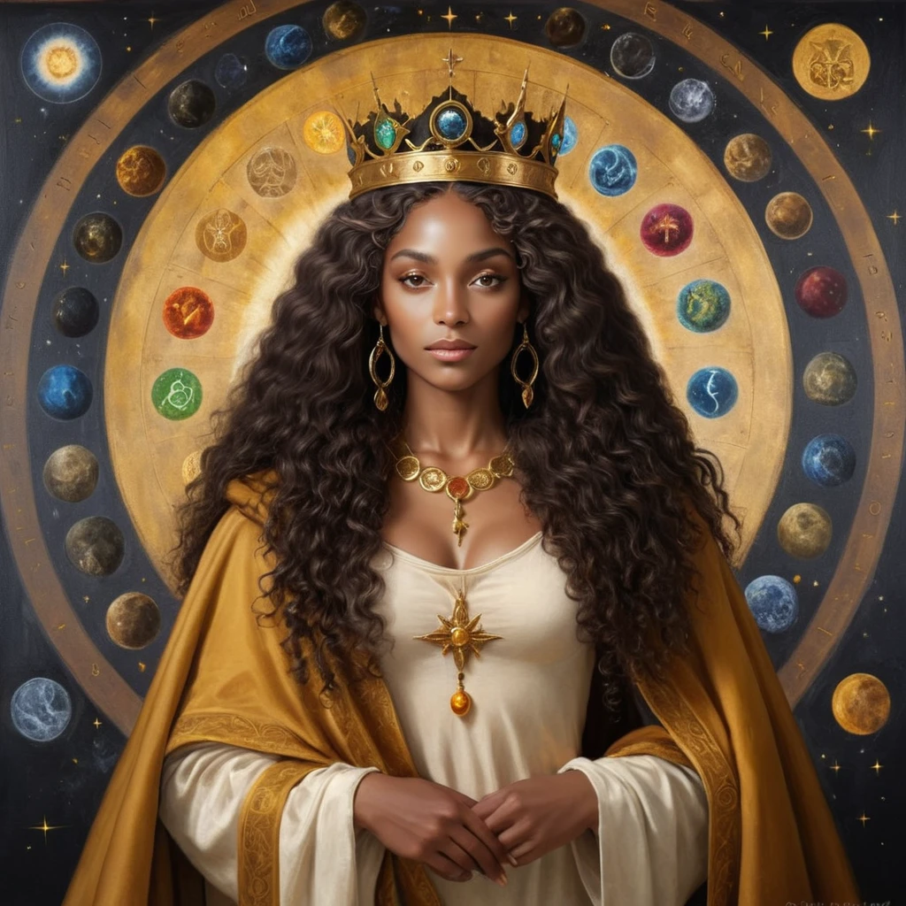 black female, with a beautiful face and a look of gratitude and unconditional love, long curly hair, with a crown on his head, royal crown no estilo brittanica e um cedro, with a golden cloak with the 7 chakras, luxurious setting, and with mystical art and beautiful elements. She looks and beholds the coosmic golden celestial realms, with astrology elements, renaissance painting, oil painting inspired by leonardo da vinci. 