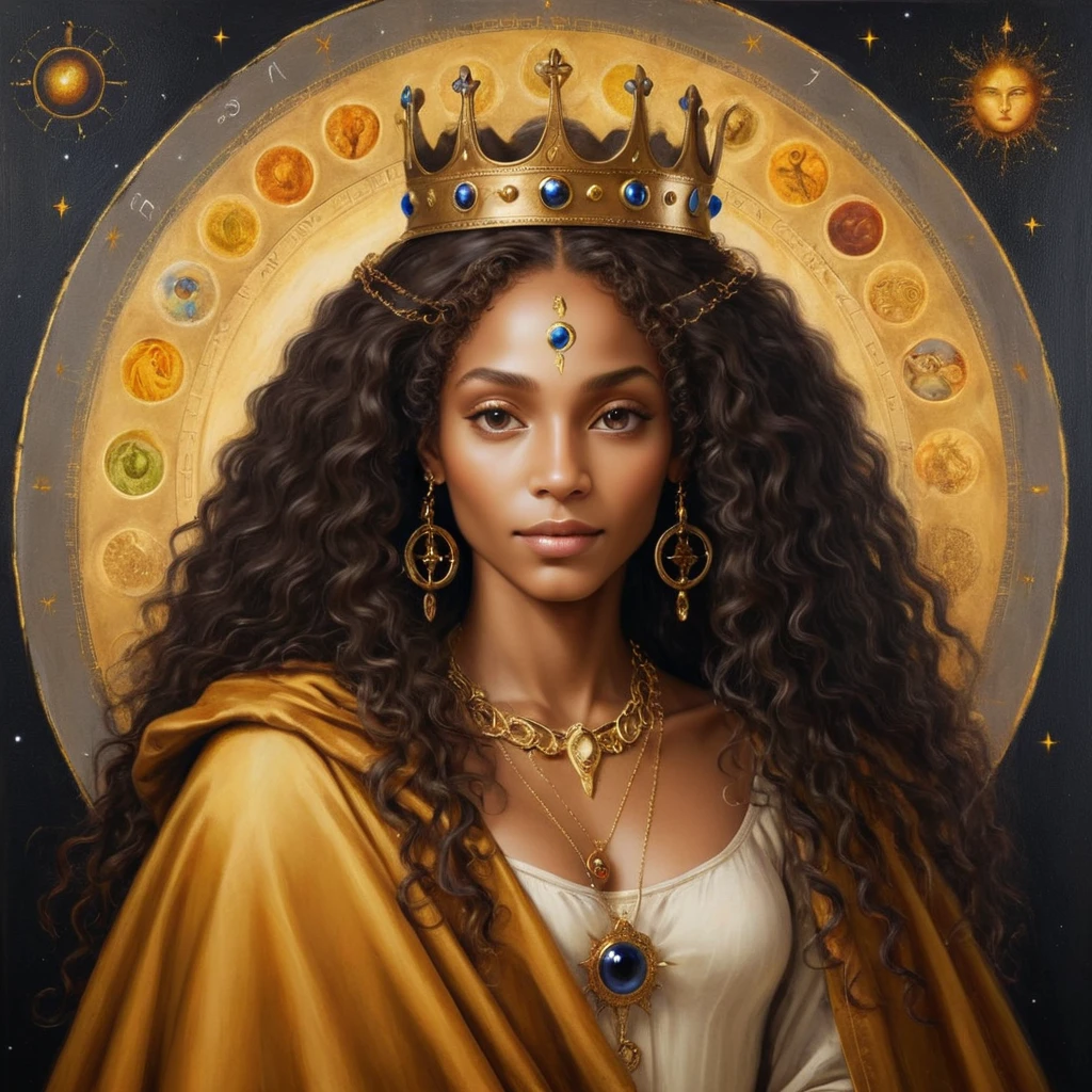 black female, with a beautiful face and a look of gratitude and unconditional love, long curly hair, with a crown on his head, royal crown no estilo brittanica e um cedro, with a golden cloak with the 7 chakras, luxurious setting, and with mystical art and beautiful elements. She looks and beholds the coosmic golden celestial realms, with astrology elements, renaissance painting, oil painting inspired by leonardo da vinci. 