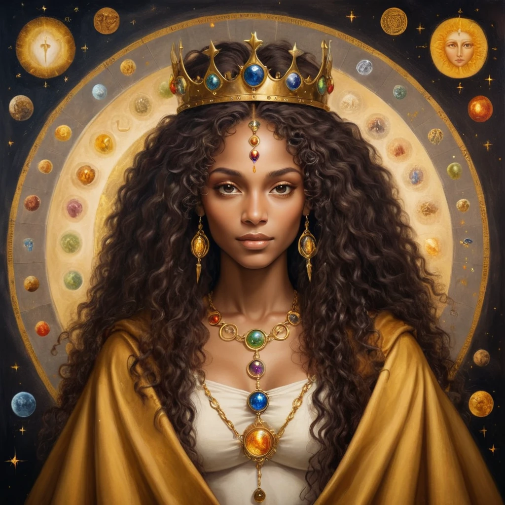 black female, with a beautiful face and a look of gratitude and unconditional love, long curly hair, with a crown on his head, royal crown no estilo brittanica e um cedro, with a golden cloak with the 7 chakras, luxurious setting, and with mystical art and beautiful elements. She looks and beholds the coosmic golden celestial realms, with astrology elements, renaissance painting, oil painting inspired by leonardo da vinci.