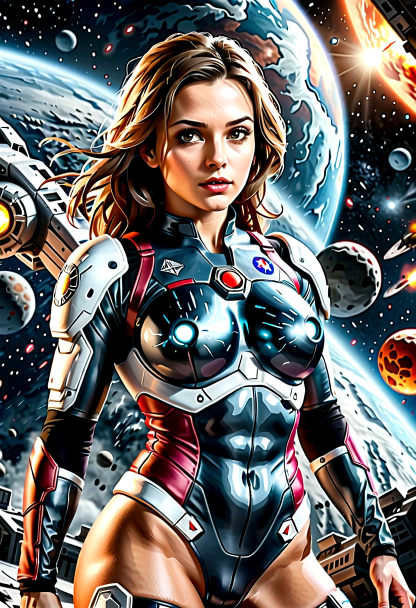 A female astronaut, extremely detailed and realistic, surrounded by gigantic starships engaged in an epic space battle, with detailed galactic conflict and photorealistic planets in the background, (best quality,4k,8k,highres,masterpiece:1.2),ultra-detailed,(realistic,photorealistic,photo-realistic:1.37),cinematic lighting,dramatic atmosphere,intense action,vibrant colors,dramatic pose,muscular body,highly detailed facial features,hyperrealistic space environment,large breasts,scifi,science fiction