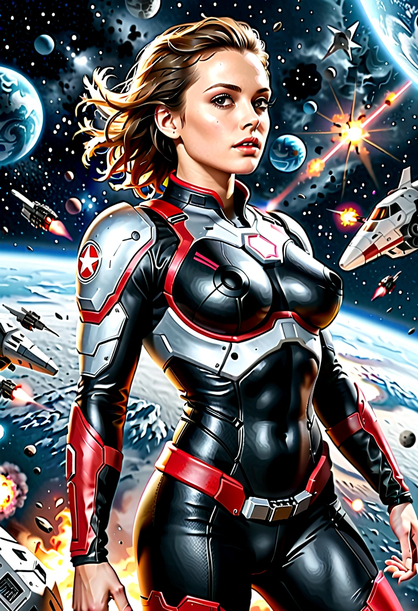 A female astronaut, extremely detailed and realistic, surrounded by gigantic starships engaged in an epic space battle, with detailed galactic conflict and photorealistic planets in the background, (best quality,4k,8k,highres,masterpiece:1.2),ultra-detailed,(realistic,photorealistic,photo-realistic:1.37),cinematic lighting,dramatic atmosphere,intense action,vibrant colors,dramatic pose,muscular body,highly detailed facial features,hyperrealistic space environment,large breasts,scifi,science fiction