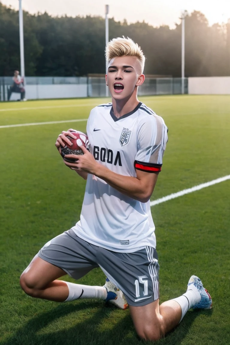 uscle handsome blonde guy 18 yo, wear transparent gray soccer shirt, he screaming hold his crotch, kneeling on soccer field, wife ballbusting him, 2 egg crush on grass