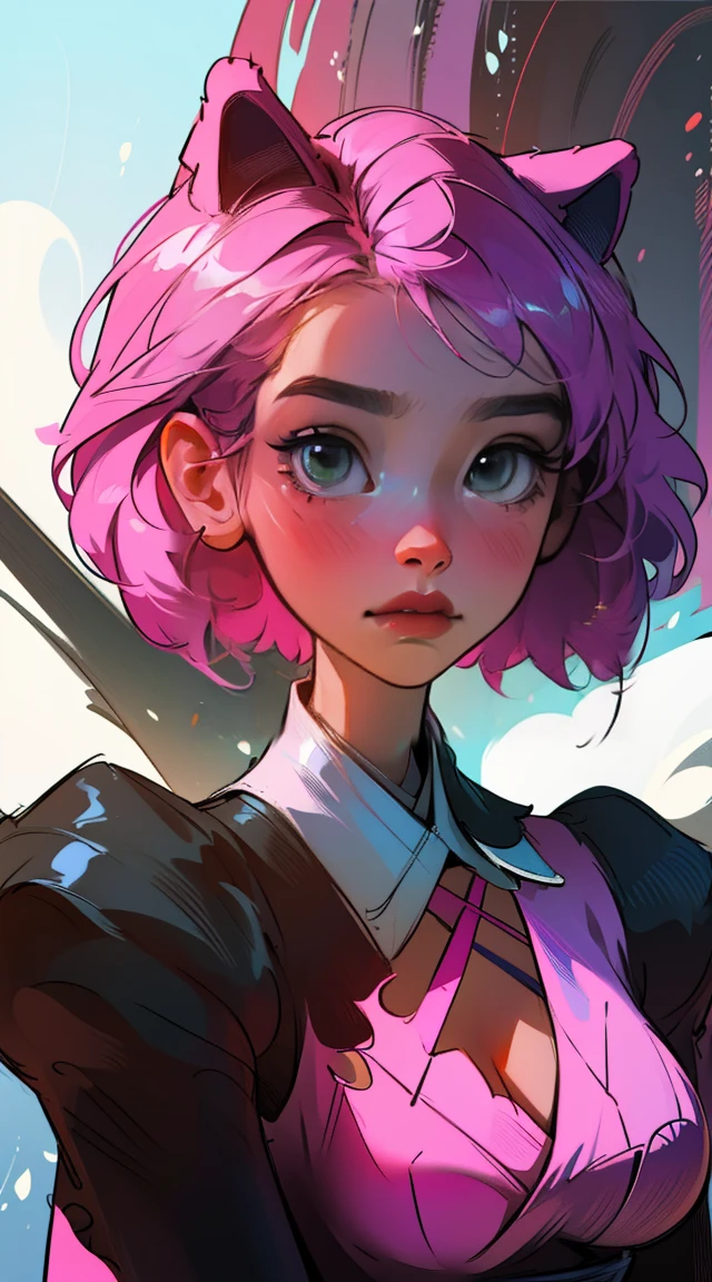 Alicia Boscanovitch, Best Quality, contemporary, flat style, minimalism, Green eyes flat illustration, pink hair, short hair, cabelos multishowys, black shirt, mechanical wings, Close-up head portrait, pointed chest, neckline, super neckline, medium breasts, tekken，pink hair pastel, 1 girl, in kimono, hand painted，Colorless line drawing, pastel yandere colorful, tekken, [detailed illustrations, Extremely ideal art based on anatomy., Very detailed and detailed drawings, delicate lines with slowness and urgency, Realistic texture expression],(((main colored lines)),(Works of art with excellent craftsmanship.),(park background),[HENTAI anime Japanese beautiful  Skinny] pink hair claro, with maid outfit，slender figure，robust，He sat on the ground，Dressed in pink and white maid outfits.，very short hair，with cat ears，quadratic element，, kawaii pink with 1910&#39;s era clothes, Alisa Bosconovich pink lips, no style da soft core palette aurorapunk, an anime illustration of his face, animated gifs, hand drawn animation, lovely sketches, soft and shiny, misty romanticism, Superflat style, white background - ar 1:1 - niji 5 - estilo expressivo --s 50
vibrant colors, soft focus, Light leak, dream atmosphere, Charme Experimental, nostalgic appeal BREAK color field painting, Large expanses of color, abstract expressionism, bold shades, emotional impact, atmospheric depth, BREAK minimalist approach,  a pretty, ultra high definition (ultra details) Observing the viewer in hip-hop style street clothes., Different, showy, far, very colorful hair 🌈, dark clothes, White stardust in dark areas., absurd, high resolution, ultra detailed, (1 girl : 1.3), vibrant colors, soft focus, Light leak, dream atmosphere,