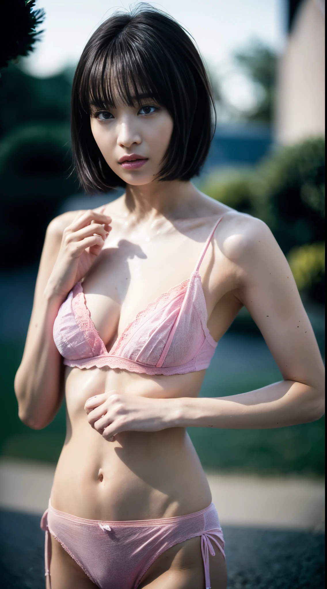 Angle from the front、Cowboy Shot、Ripped print T-shirt、City of night、((Emoガール))、((Emo))、bad woman、short, black, Shaggy Hair、Gradient Hair、(((Pink Panties)))、Big Breasts、In the background is the High Sokotl Cycle)))、Highest quality,(RAW Photos:1.2)、(Realistic:1.4),(High resolution:1.4), 1 Girl, Written boundary depth,, Exquisitely crafted,8K, Very detailed, Perfect lighting, Great background、((Delicate painting)),(の詳細なRAW Photos),(Highest quality:1.6), (超High resolution:1.5), (Realistic:1.75), 8K resolution, Canon EOS R5, 50mm, Very detailed,Cinema Lighting,Correct finger、((I can see very small panties))