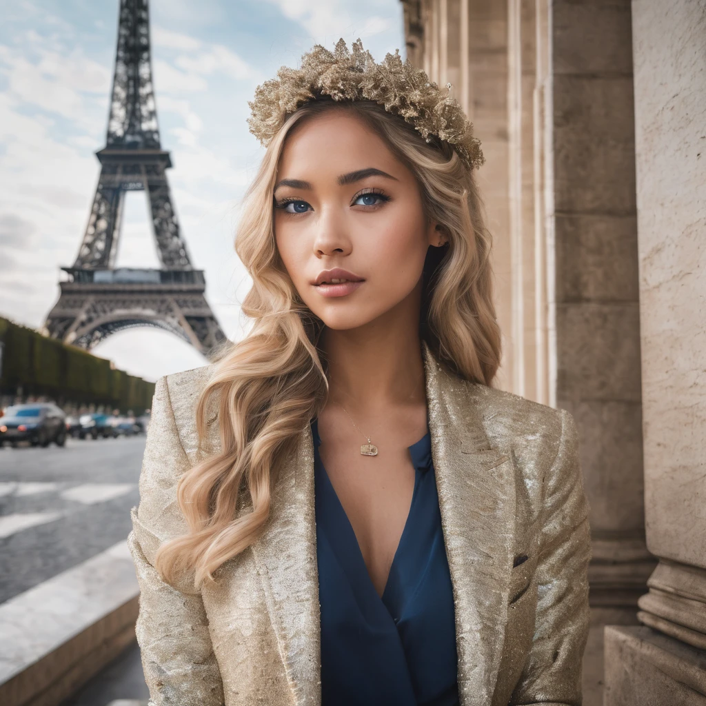 Blonde blue eyes not very light skin color a little mixed race with luxury clothes and who poses behind the Eiffel Tower the Arc de Triomphe all the French monuments