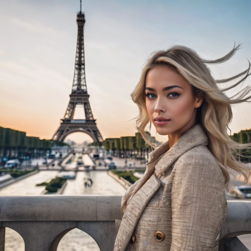 Blonde blue eyes not very light skin color a little mixed race with luxury clothes and who poses behind the Eiffel Tower the Arc de Triomphe all the French monuments