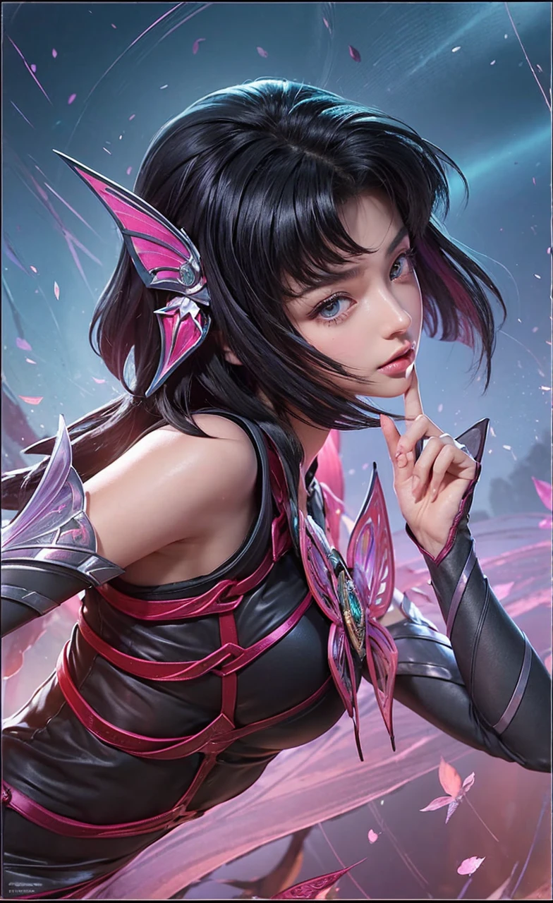 1girl, depth of field, official art, unity 8k wallpaper, ultra detailed, illustration, beautiful and aesthetic, masterpiece, best quality, knight, (big breasts), (milf, mature female), (black armor, armor, breastplate), beautiful face, (long hair, black hair,  very straight hair:1.4, hime cut:1.4), blue eyes, cowboy shot, glowing skin, back lighting, athletic figure, muscular female, curvy, wide hips, colorful, looking at viewer, Hyperrealistic, gradient background, dark background, outline, fantasy, from the front, watercolor, traditional media, (chromatic aberration, intricate details)