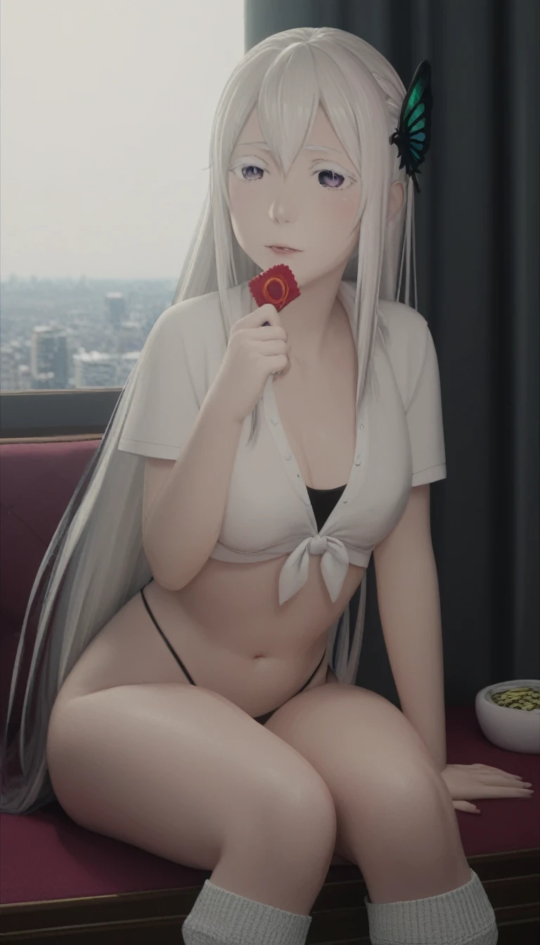 score_9, score_8_up, score_7_up, score_6_up, uncensored, Echidia, absurdly long hair, purple eyes, silver hair, colored eyelashes, very long hair, erfly hair ornament, BREAK (masterpiece:1.2), best quality, high resolution, (detailed eyes:1.3), perfect lighting, (perfect hands, perfect anatomy), sitting on table, holding condont-tie top, white crop top, short sleeves, miniskirt, pleated skirt, thong leotard, white leg warmers, indoors, evening, window, cityscape