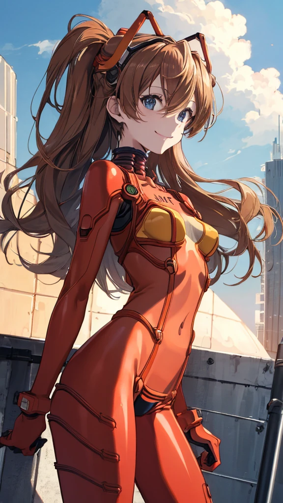 front view,outdoor,Rooftop,fence,souryuu asuka langley, test plugsuit, headgear,brown hair,long hair,Two Side Up,smile,cameltoe,masterpiece,Noise Reduction,perfect anatomy,high resolution, ultra-detailed,game cg,dutch angle ,beautiful detailed eyes,visualart,five fingers, perfect hands, perfect lighting,