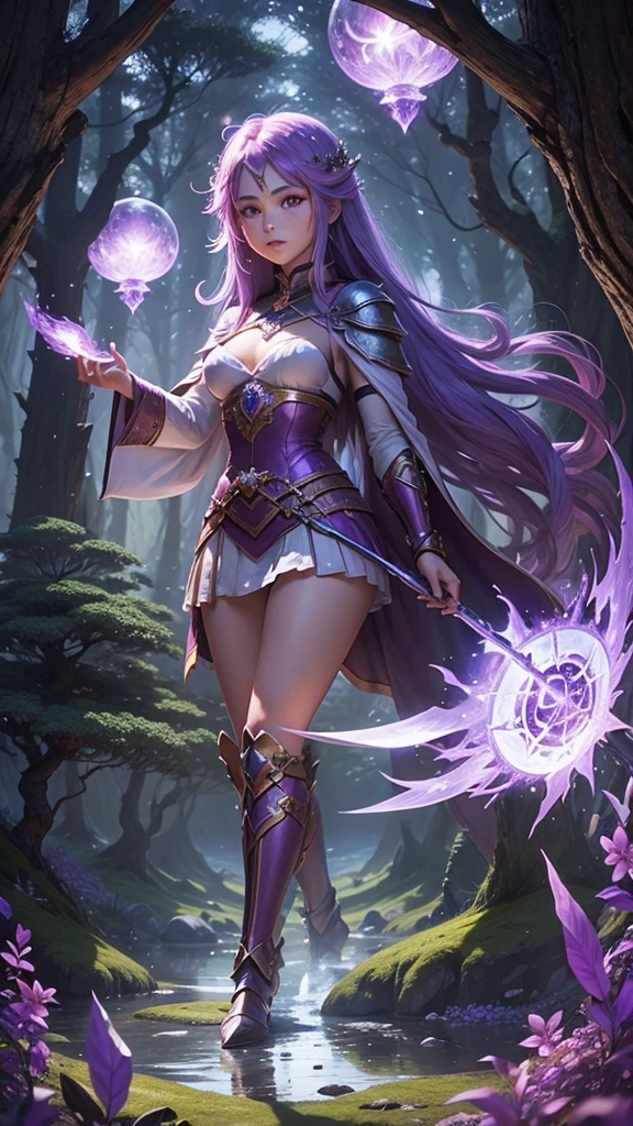 Magical warrior, spell user in the Amethyst forest, wide view, view of the scenery