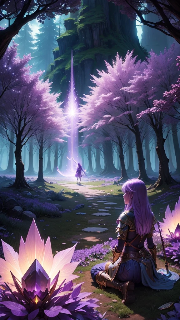 Magical warrior, spell user in the Amethyst forest, wide view, view of the scenery